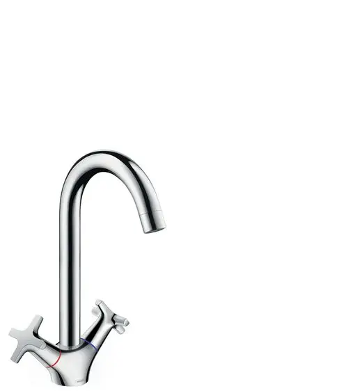 Stylischer, chromfarbener Wasserhahn mit zwei kreuzförmigen Griffen für heiße und kalte Wasserregulierung, geeignet für moderne Küchen.
